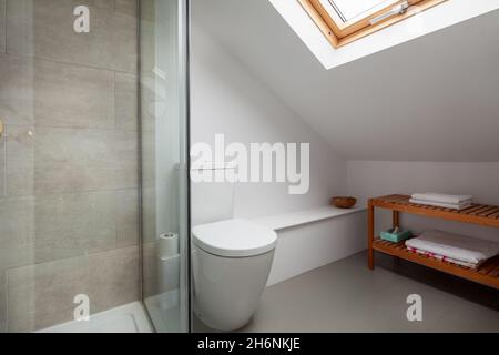 Cambridge, England - October 11 2019: Compact shower room wc within victorian home loft conversion space. Stock Photo