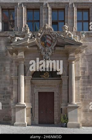 Portal with the Small Nuremberg City Coat of Arms, west facade of the Old Town Hall, Nuremberg, Middle Franconia, Bavaria, Germany Stock Photo