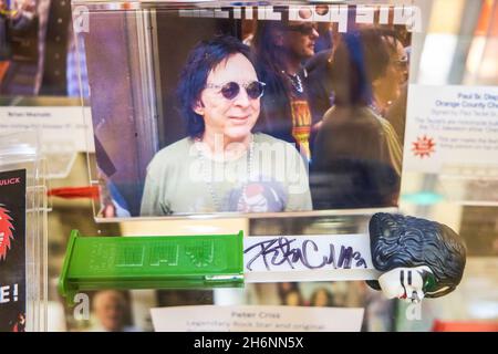 Autographed dispenser of Peter Criss, drummer for the rock group KISS. At the Pez factory, museum, visitor center in Orange, Connecticut. Stock Photo