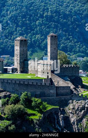 Aerial of the Castlegrande, Unesco site three castles of Bellinzona, Ticino, Switzerland Stock Photo