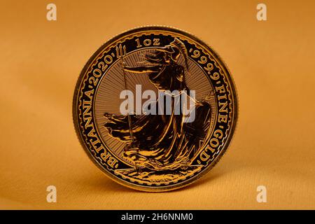 Physical Gold Coin 1 oz Britannia obverse Stock Photo