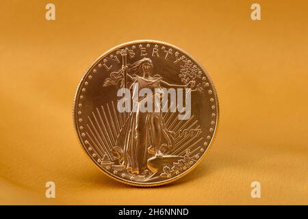 Physical Gold Coin 1 oz American Gold Eagle Obverse Lady Liberty Stock Photo