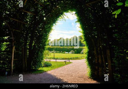 View through an arch of plants into the Schwerin palace garden. Stock Photo