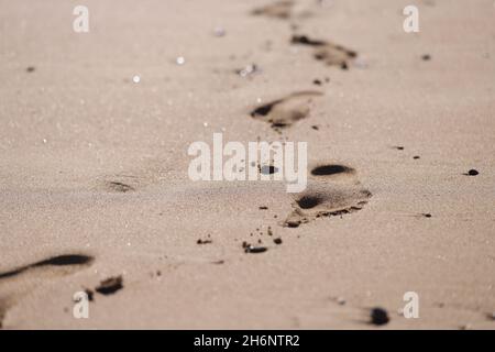 Human foot prints on golden beach sand Stock Photo
