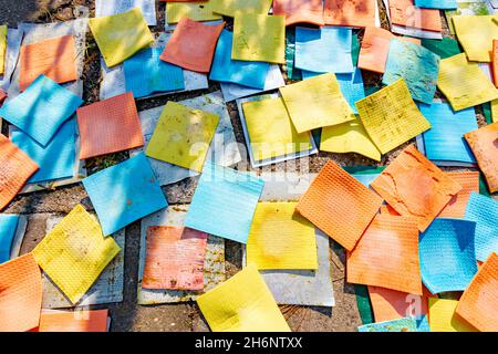 Colorful clean sponge cloths background, microfiber household disposable dust cleaning rags. Stock Photo