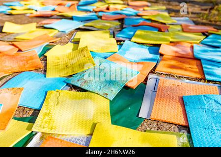 Colorful clean sponge cloths background, microfiber household disposable dust cleaning rags. Stock Photo
