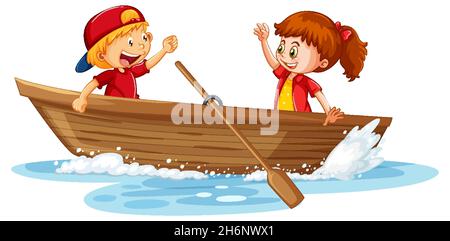 Couple kids on wooden boat  illustration Stock Vector