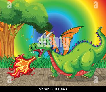 Dragon spitting fire cartoon character on rainbow gradient background illustration Stock Vector