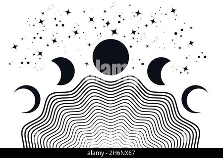 Moon phases, geometric waves, abstract contemporary seashell background. Black tattoo color. Boho wall decor modern minimalist art print. Organic sign Stock Vector