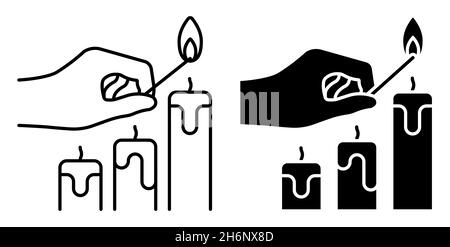 Linear icon. Hand holds burning match over candles. Preparing for the holiday, lighting candles. Simple black and white vector isolated on white backg Stock Vector