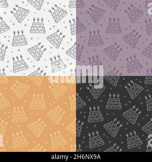 set of seamless patterns with Celebratory tiered cake with burning candles. Dessert for birthday celebration. Ornament for decoration and printing on Stock Vector