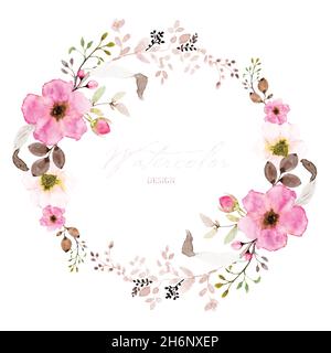 Watercolor wreath design with pink flowers and leaves. Watercolor hand-painted with floral bouquet isolated on white background. Suitable for wedding Stock Vector