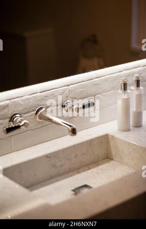 Stone marble basin in washroom Stock Photo