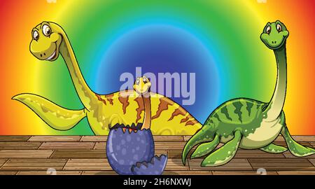 Cartoon dinosaur on rainbow gradient background illustration Stock Vector
