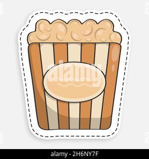 cartoon icon of doodle Packet of popcorn, bucket of airy dessert. Leisure at cinema. Vector isolated on white background Stock Vector