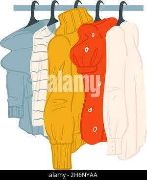 Clothes in fashion store or shop, sweaters on sale Stock Vector