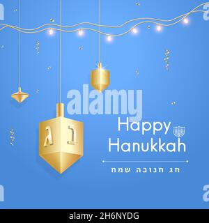 Happy Hanuka banner. Hanukkah greeting card with golden dreidels, spinning top, Hebrew letters, gold confetti, lighting decoration, menorah. Vector il Stock Vector