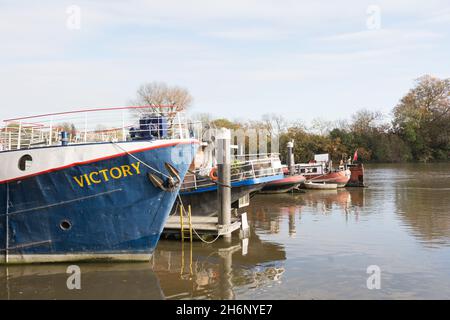 Victory, formerly a North Sea Trawler, berthed at Corney Reach on Chiswick Pier on the River Thames, London, England, U.K. Stock Photo
