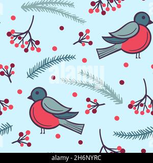 Winter seamless pattern with birds, fir branches and berries. Bullfinches with red rowan berries on a blue snowy background. Template for wallpaper. Stock Vector