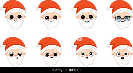 Santa Claus with happy smile in red cap. Cute character with joyful face in festive costume for New Year and Christmas. Head with set of funny and scared emotions. Vector flat illustration Stock Vector