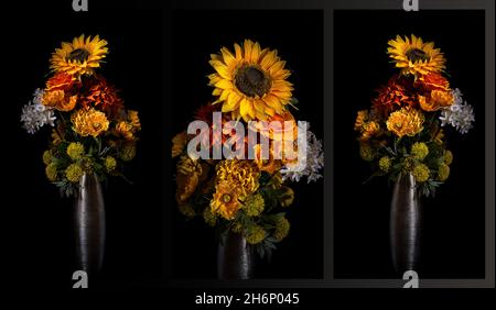 Triptych of autumn yellow, orange and white flower bouquet in a silver vase isolated against a black background. Stock Photo