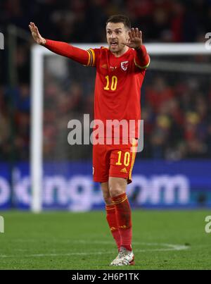 Cardiff, Wales, 16th November 2021.   Aaron Ramsey of Wales during the FIFA World Cup 2022 - European Qualifying match at the Cardiff City Stadium, Cardiff. Picture credit should read: Darren Staples / Sportimage Stock Photo