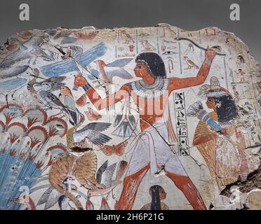 Ancient Egyptian wall art tomb painting: Nebamun hunting in the marshes, Tomb of Nebamun Thebes, Circa 1350BC, 18th Dynasty. British Museum EA37977. Stock Photo