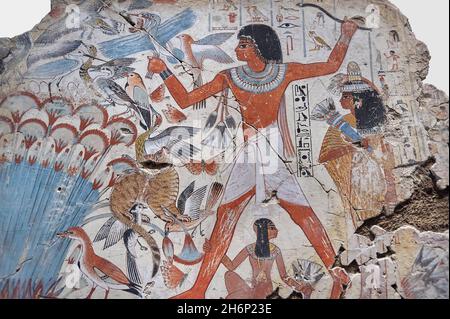 Ancient Egyptian wall art tomb painting: Nebamun hunting in the marshes, Tomb of Nebamun Thebes, Circa 1350BC, 18th Dynasty. British Museum EA37977. Stock Photo