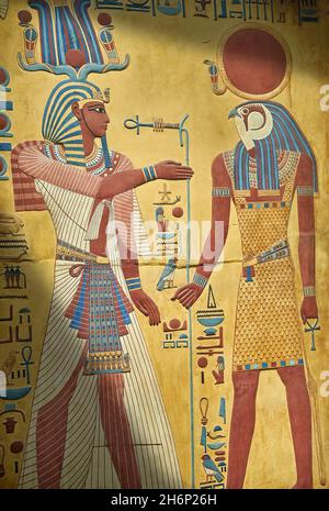 Ancient Egyptian painted wall relief from the tomb of Sety I, 1290-1279 BC, 19th dynasty, Valley of the Kings Kuxor. Plaster cast.  The panel depicts Stock Photo