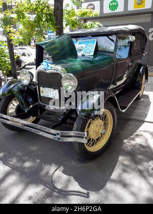 BUENOS AIRES, ARGENTINA - Nov 08, 2021: Vintaged green Ford Model A Phaeton 1929. Expo Warnes 2021 classic car show. Copyspace. Stock Photo