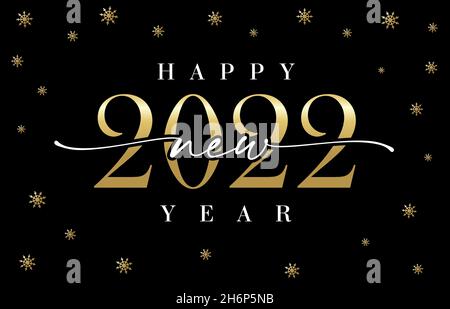 2022 New Year golden calligraphy on black background. Cover background with gold color logo 2022 and snowflakes. Vector Illustration for banner Stock Vector