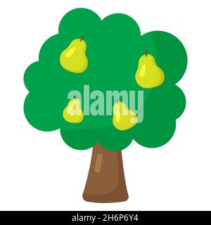 Tree with pears, vector illustration in cartoon flat style. Natural harvest icon, gardening and farming concept. Simple colorful symbol organic Stock Vector