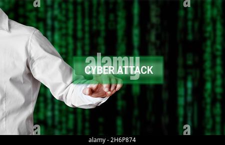 Businessman pressing the word cyber attack on a virtual search display screen. Internet technology concept. Stock Photo