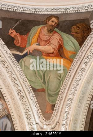 ROME, ITALY - AUGUST 29, 2021: The fresco of St. Mark the Evangelist in the church Chiesa di San Francesco a Ripa by Giovani Battista Ricci Stock Photo