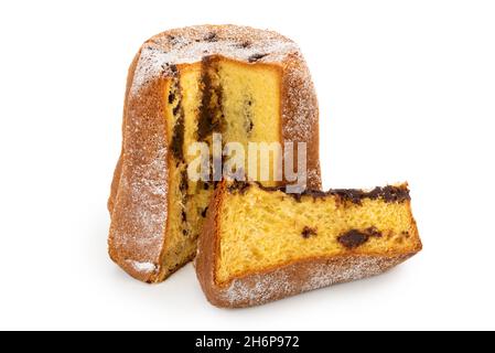 Pandoro filled with cream chocolate cut with slice, traditional Italian Christmas cake with icing sugar isolated on white Stock Photo