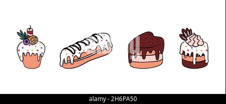 Hand drawn cakes set. Sweet dessert with sprinkles and berries isolated on white background. Vector illustration. Stock Vector