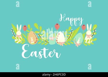 Happy Easter horizontal banner blue, with the inscription, decorative ornament rabbit egg flowers leaves. Vector illustration Stock Vector
