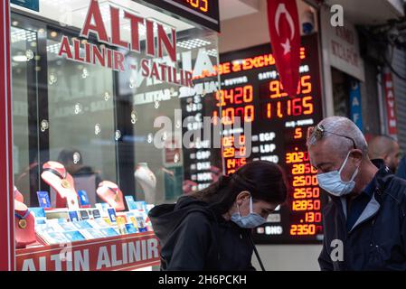 ISTANBUL, TURKEY - Nov 14, 2021: Istanbul, Turkey. October 29th, 2021Turkish Currency Exchange Office. Turkish Lira depreciating value against the US Stock Photo
