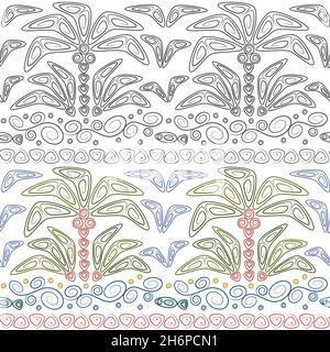 Set of abstract seamless patterns with palms and waves. Tropical vector backgrounds in polynesia style. Stock Vector