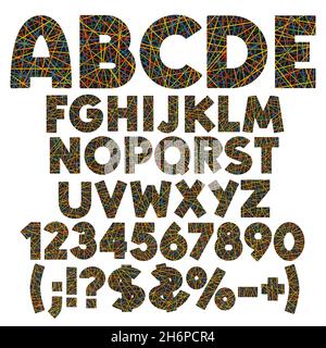 Alphabet, numbers, letters and signs of color stripes, ribbons, threads. Set of color vector isolated objects on white background. Stock Vector