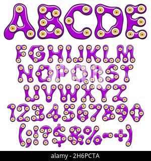 Alphabet, letters, numbers and signs of purple slime with orange eyes for Halloween. Set of isolated vector objects on white background. Stock Vector