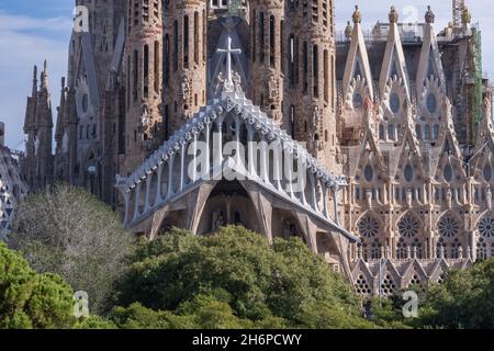 BARCELONA, SPAIN - Nov 09, 2021: La Sagrada Familia - the impressive cathedral designed by architect Gaudi. Barcelona, Spain, November 12th 2021. Stock Photo