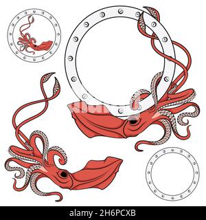 Color illustration with the image of a red squid. Set of vector isolated objects on white background. Stock Vector