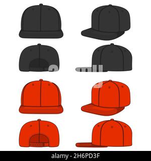 Set of color images of a rapper cap with a flat visor, snapback. Isolated vector objects on white background. Stock Vector