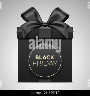 Black Friday gift card vector design, with a premium style black gift box wrapped with satin ribbon, and lettering oval label, standing on abstract gradient background. Stock Vector