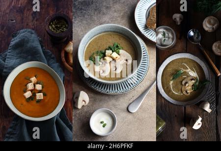 collage of various soups on a wooden table Stock Photo