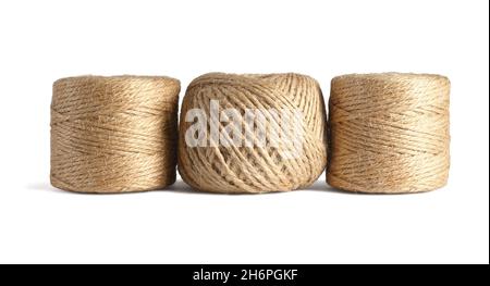 Rolls of Hemp Rope Standing on White Background Stock Photo