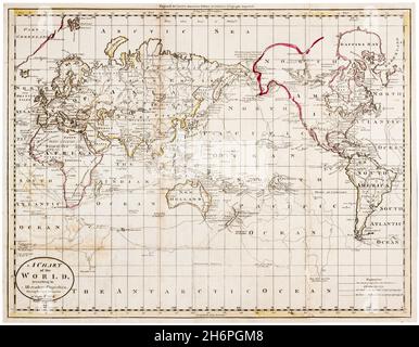 18th century Map of the World showing the routes of explorers ...