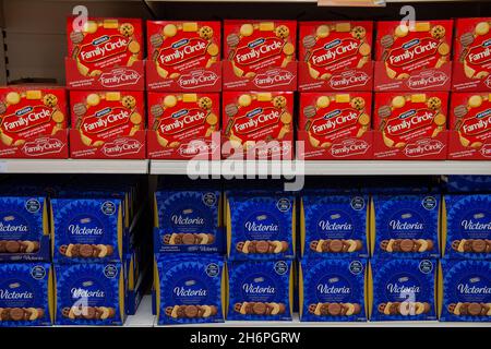 Taplow, Buckinghamshire, UK. 17th November, 2021. Family Circle and Victoria biscuit selections on sale. Sainsbury's Supermarket was well stocked with Christmas food and drink today. Previous supply chain issues in the food and drink market in England post Brexit appear to be easing with no obvious panic buying. Credit: Maureen McLean/Alamy Stock Photo