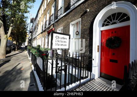 London, Britain. 16th Nov, 2021. A door of the Charles Dickens Museum is seen decorated for Christmas in London, Britain, Nov. 16, 2021. The Charles Dickens Museum provides a glimpse into how Christmas was celebrated by the Victorian author. The museum is situated at 48 Doughty Street, Dickens's London home from 1837-1839. While living in Doughty Street, Dickens finished writing The Pickwick Papers, wrote Nicholas Nickleby and most famously of all, Oliver Twist. Credit: Li Ying/Xinhua/Alamy Live News Stock Photo